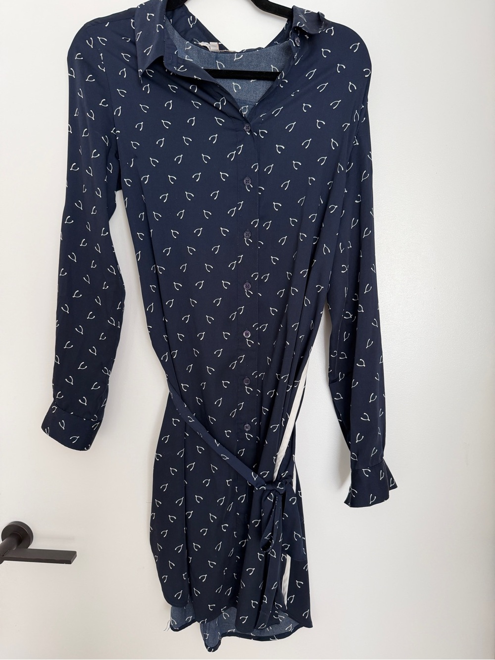 Navy Button-Front Shirt Dress with Subtle White Print